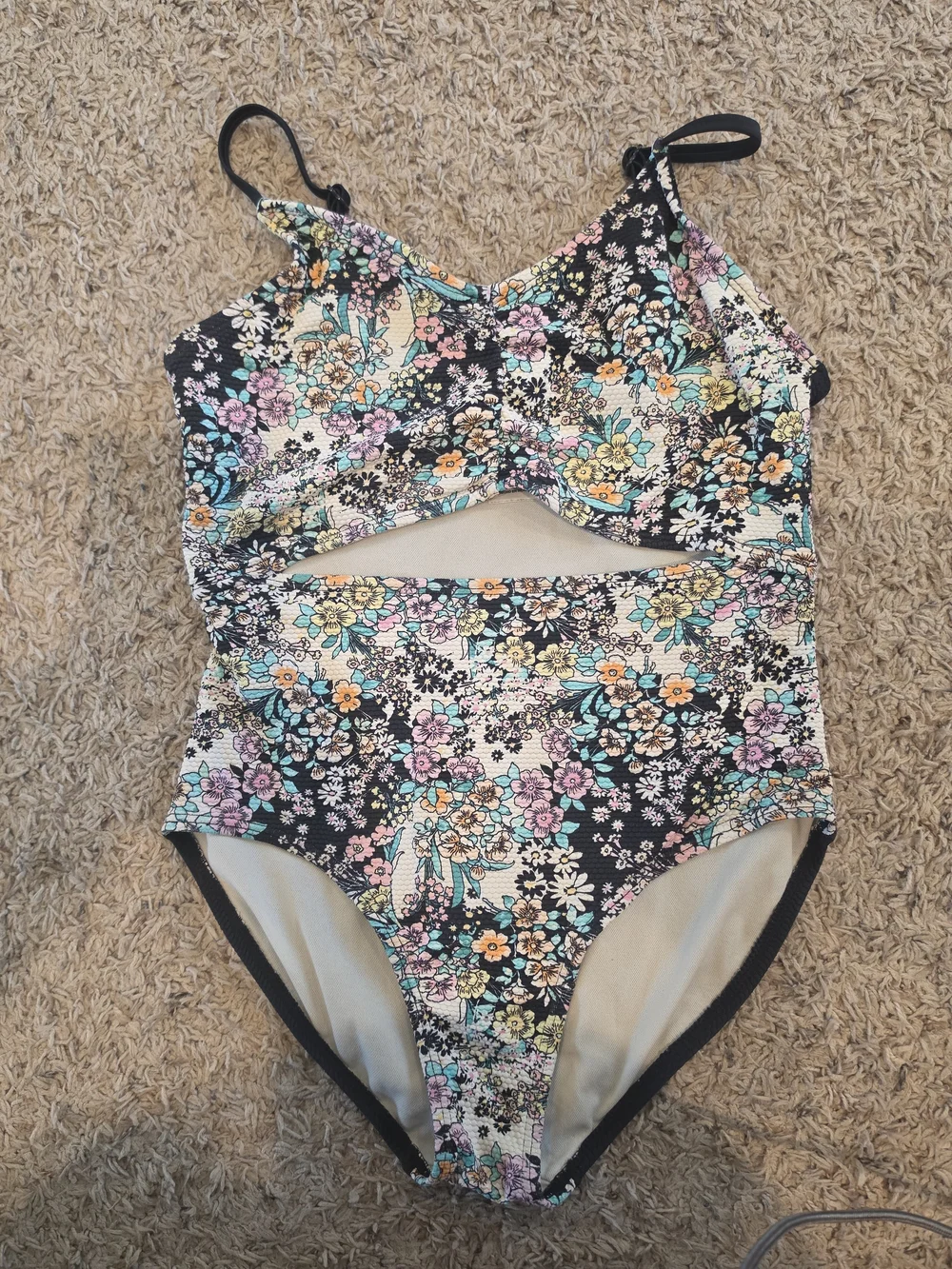 Girls Floral Cutout One-Piece Swimsuit - Black Multi